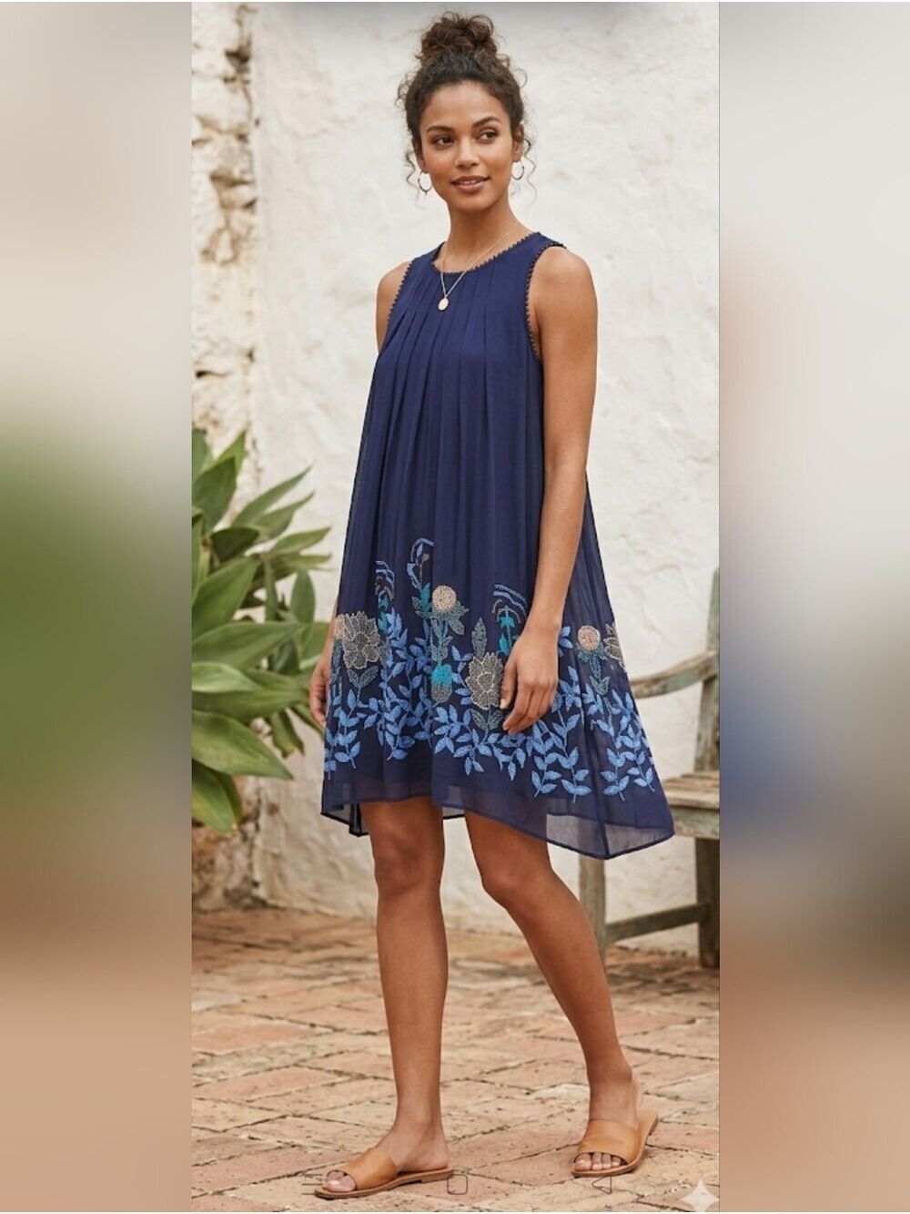 Anthropologie Floral Beaded Babydoll Dress Navy Blue Embroidered